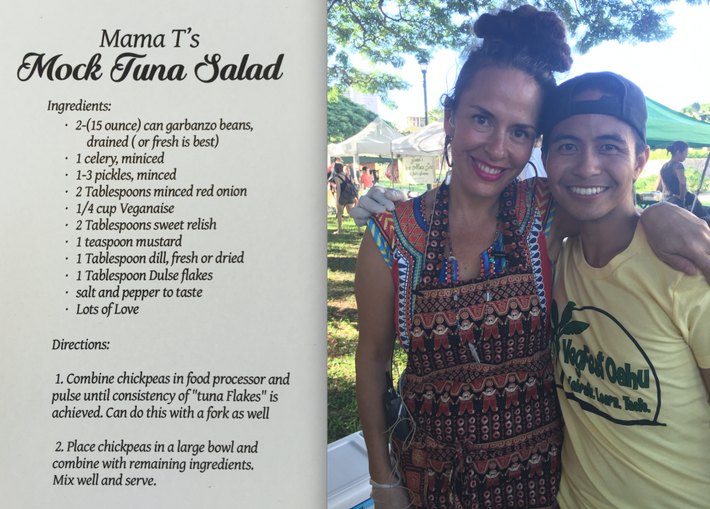 Chef Mama T Gonsalves with VegFest Oahu's Learning Kitchen Host, Jordan Ragasa.