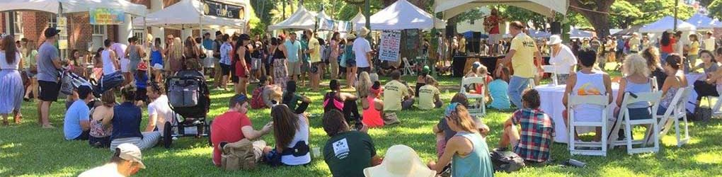 festivalgoers at Honolulu Hale civig grounds - booths, sun, grass
