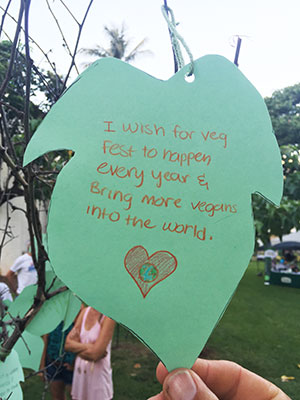 Blessing Tree leaf with "I wish for VegFest to happen every year & bring many more vegans into the world."