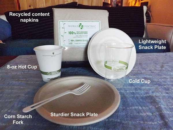 photo of compostable products - cups, plates, forks, napkins