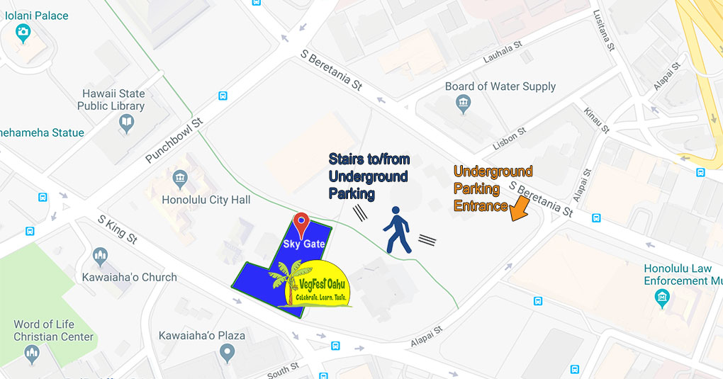 VegFest Oahu 2019 location map showing underground parking entrance in relation to event area