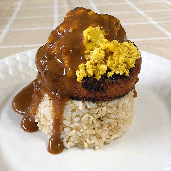 healthy loco moco - brown rice with vegan burger, egg, gravy