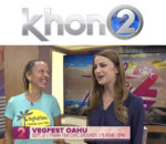 Logo for TV station KHON plus photo of Chef Mama T with reporter